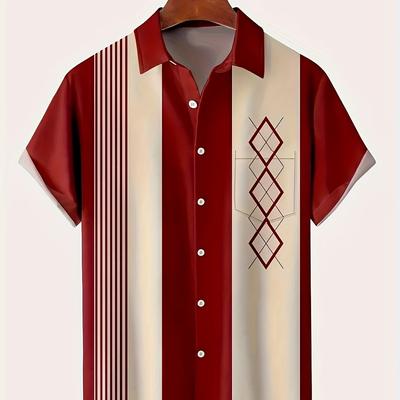 TEMU Men's Vintage Geometric Shirt With Chest Pocket, Polyester 100% Short Sleeve, Summer Lapel Collar, Single Breasted, Woven Fabric, Regular Fit - Ideal For Weekend & Vacation Image