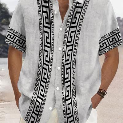 TEMU Men's Hawaiian Vintage Geometric Baroque Court Style 3d Plus Size Short Sleeve Shirt, Polyester 100%, Lapel Collar, Regular Fit, Button Closure, Woven Fabric 120g/m² Image