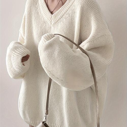 TEMU Elegant V-neck Long Sleeve Solid Color Pullover Sweater - 100% Polyester Knit Fabric, Drop Shoulder, Long-length, Loose Fit, Stretch - Chic Knitted Top