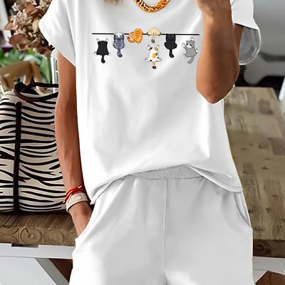 TEMU Graphic Print 2 Piece Set, Short Sleeve T-shirt & Shorts, Women's Clothing Image