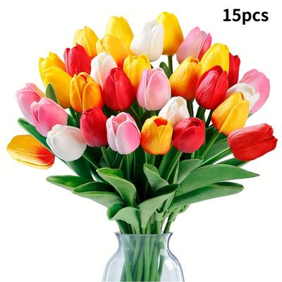 TEMU 15 Artificial Pu Tulips, Suitable For Wedding Spring Bouquets, Floral Arrangements, Home Parties, And Office Decorations. Image