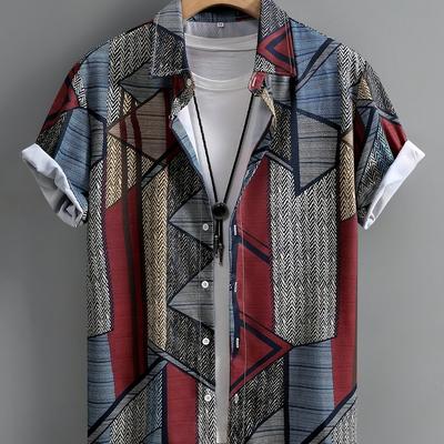 TEMU Men's Lightweight Summer Short Sleeve Casual Shirt - Geometric Print, Button-up, Loose Fit, Polyester Blend, Machine Washable, Multicolor Image