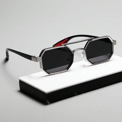 TEMU Steampunk-inspired Geometric Metal Frame Glasses - Ac Lenses, Double Bridge Design, Black With Red Accents, Ideal For Casual Everyday Wear, Stylish Accessory|decorative Glasses|durable Glasses Image
