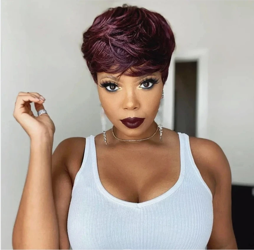 99j farbige kurze gerade Bob Pixie Echthaar Perücke volle Maschine für Frauen brasilia nischen Remy Haar Burgunder rote Bob Perücken gemacht