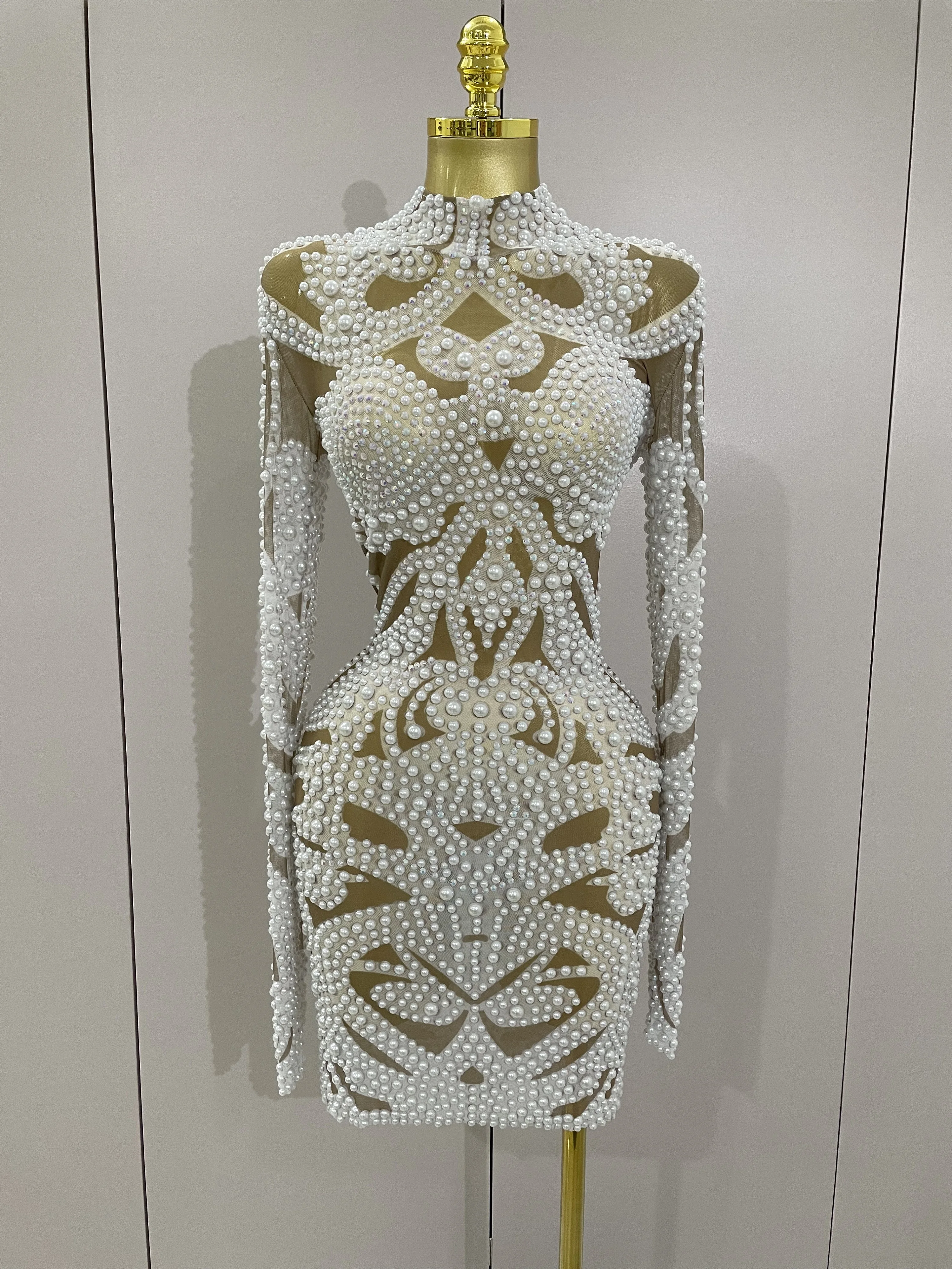 2025 New High-end Elegant Evening Gown AB Rhinestones Pearls Luxury Long Sleeves Mesh Dress Women Cocktail Party Wedding Costume