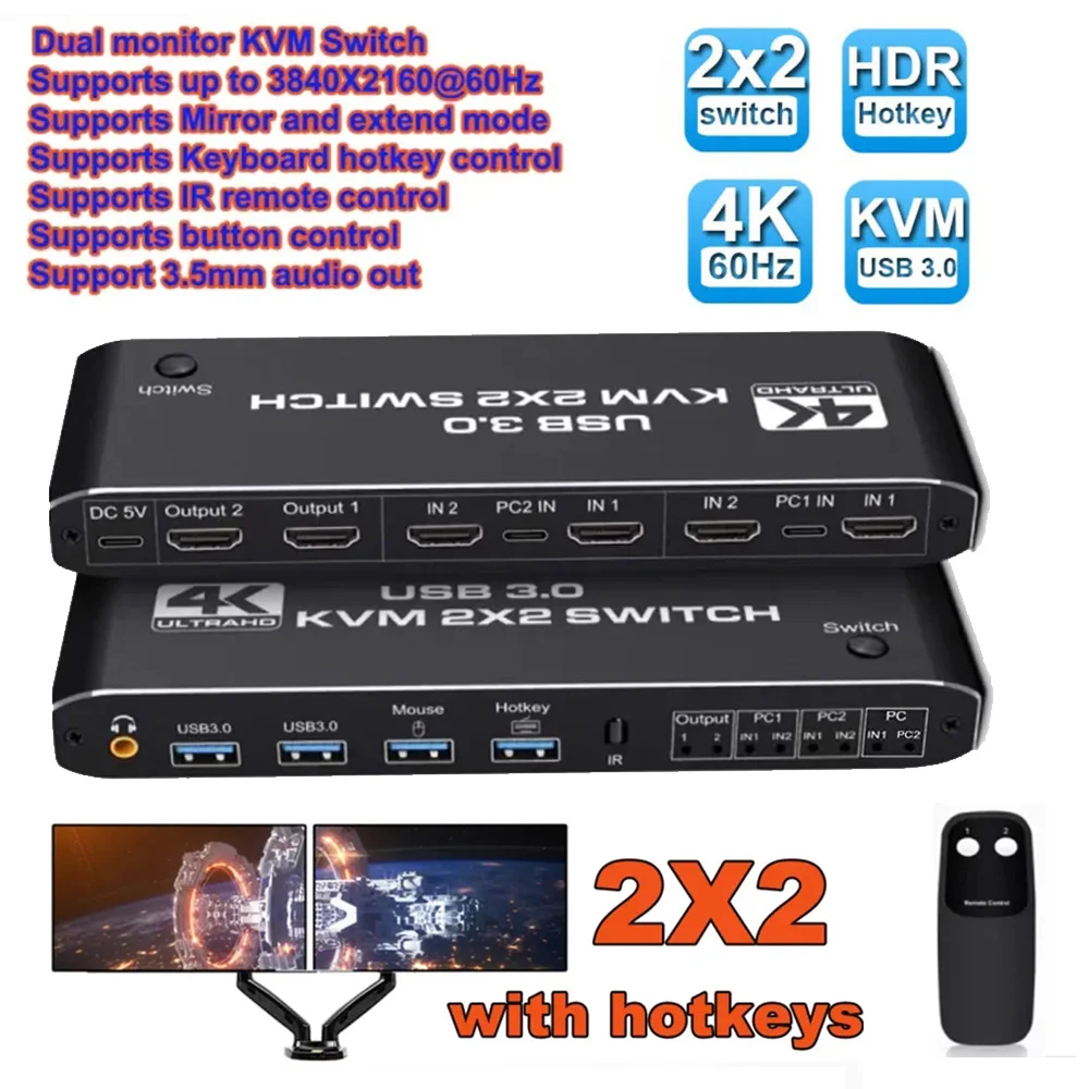 2x2 4K 60Hz USB 3.0 KVM Switch 2 Port Dual Monitor KVM Extended Display USB KVM Switcher für 2 Computer Teilen 2 Monitoren Image