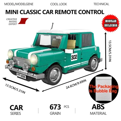 Grüne Mini Racing Oldtimer Fernbedienung Bausteine Klassische High Tech Coupe Fahrzeug MOC Modell Ziegel Cooles Spielzeug Set Geschenk Image