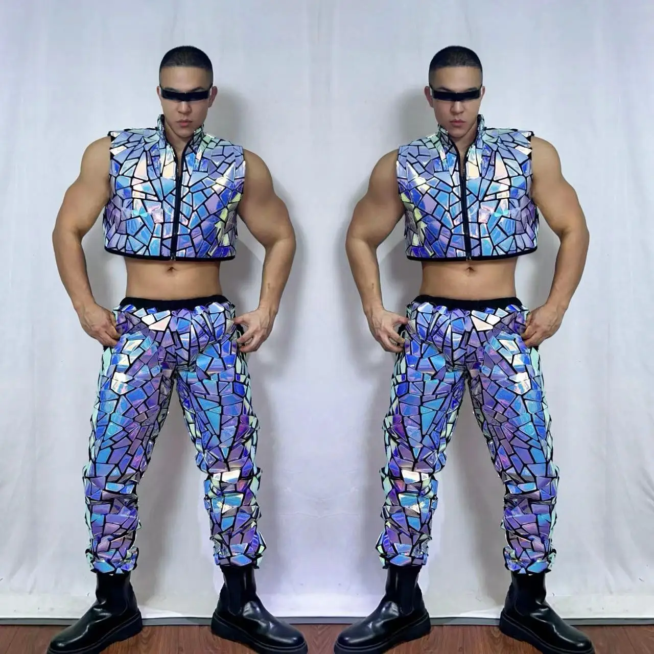 Männliche Jazz Hip Hop Dance Team Pailletten Kostüm glänzend lila blau Lasers piegel Weste Hosen 2 Stück Set Nachtclub Stage Rave Outfit