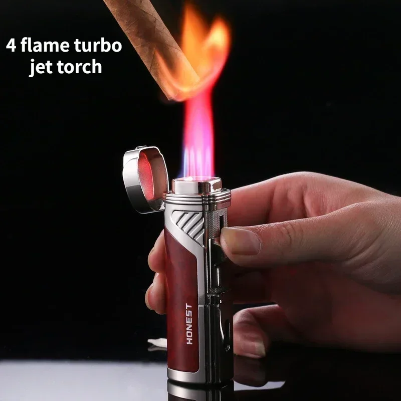 EHRLICHES High-End-4-Flammen-Turbo-Jet-Butan-Gas-Feuerzeug, kreativ, winddicht, rote Flamme, Zigarrenfeuerzeug, Raucherzubehör für Herren Image