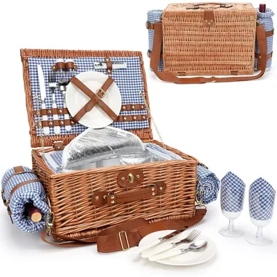 Baskets for 2, Picnic Basket with Waterproof Blanket, Picnic Basket Set with Washable Beach Mat &
