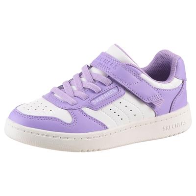 Sneaker SKECHERS KIDS "QUICK STREET", Kinder, Gr. 32, lila (weiß, lila), Lederimitat, kontrastfarbene Details, sportlich, Schuhe, Retro Sneaker mit Klettverschluss, Größenschablone zum Download Image