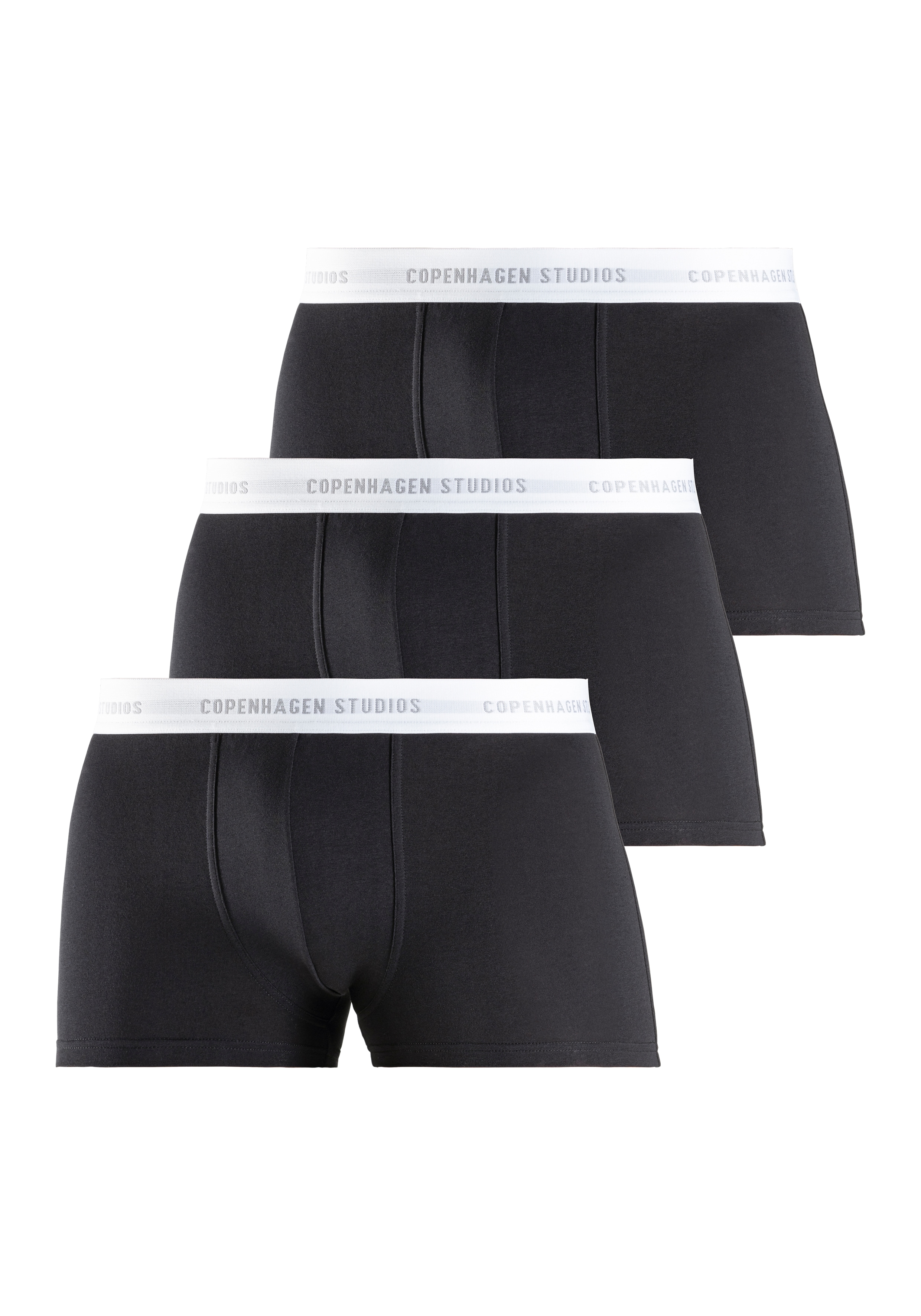 Boxer COPENHAGEN STUDIOS "Boxershorts für Herren", Herren, Gr. L, schwarz-weiß (schwarz, weiß), Jersey, Obermaterial: 95% Baumwolle, 5% Elasthan (LYCRA), unifarben, Unterhosen, mit weißem Logo-Bund Image
