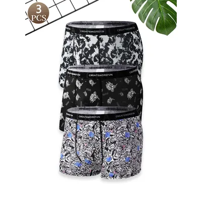 3PCS Modische bedruckte Herren-Boxershorts mit mittlerer Taille, atmungsaktives Tigermuster, bequeme und leichte Unterwäsche für Männer Image