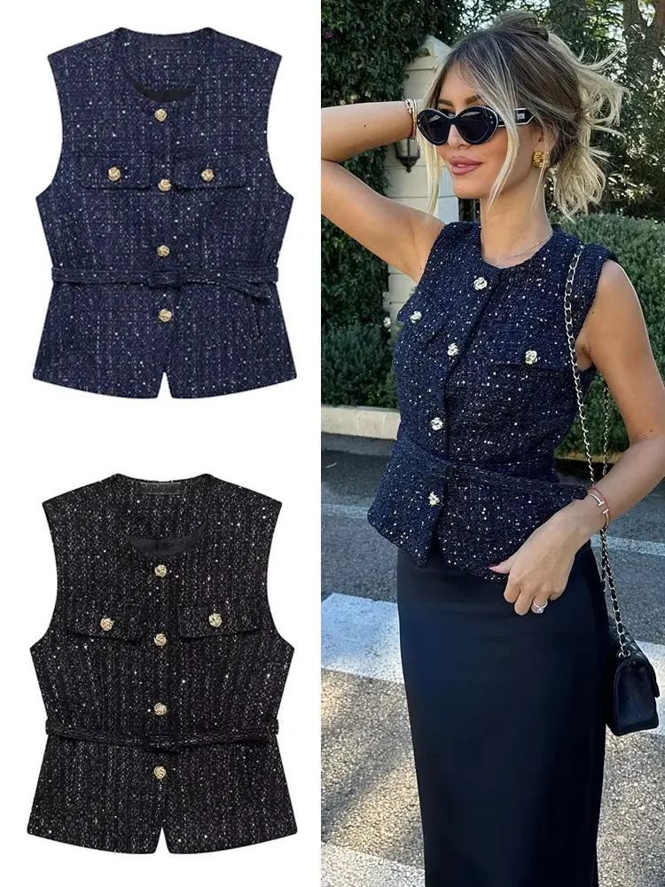 HH Frauen Mode Tweed Gürtel Weste O Neck Einreiher Ärmellose Westen Frühling Sommer Büro Dame Oberbekleidung Chic Tops Image