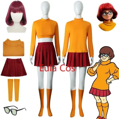 Anime velma seragam cosplay kostum orange kurzer rock uniform wanita oranye kaus kaki rok atas Image