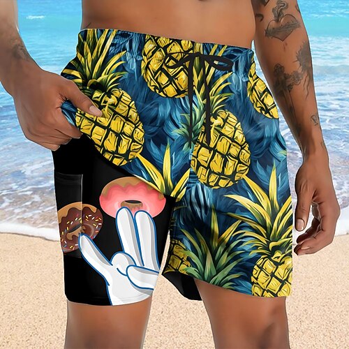 Herren Ananas Lustig Donuts Gefütterte Shorts 2 in 1 Badeshorts Badeshorts Mittlere Taille Hawaiianisch Urlaub Ferien Strandbekleidung Seitentaschen Mit Kompressionsfutter Elastischer Kordelzug in Image