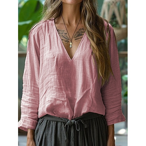 Damen Baumwoll Mischung T Shirt Bluse Einfach Elegant Lässig Langarm V Ausschnitt Normale Oberteile Täglich Ausgehen Wochenende Rosa Armeegrün Khaki Leicht Blau Sommer Frühling Herbst Image