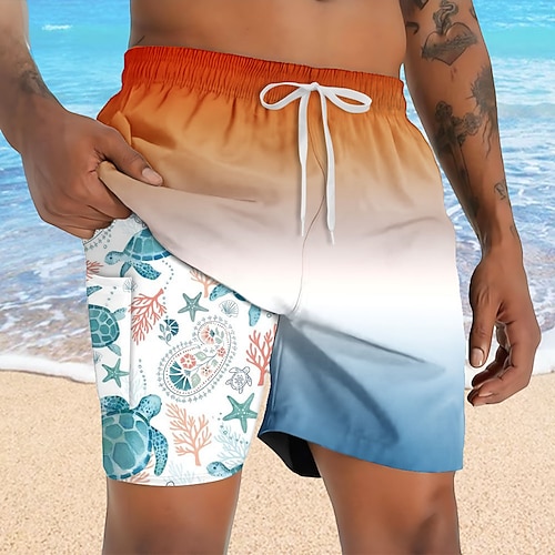Herren Schildkröten Meeresbewohner Gefütterte Shorts 2 in 1 Badeshorts Badeshorts Mittlere Taille Hawaiianisch Urlaub Ferien Strandbekleidung Seitentaschen Mit Kompressionsfutter Elastischer Image