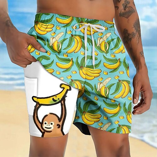 Herren Lustig Affe Banane Gefütterte Shorts 2 in 1 Badeshorts Badeshorts Mittlere Taille Hawaiianisch Urlaub Ferien Strandbekleidung Seitentaschen Mit Kompressionsfutter Elastischer Kordelzug in der Image