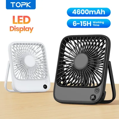 TOPK Ultra Thin Mini Portable Fan 5000mAh USB Rechargeable Electric Desk Fan LED Display Personal Cooling Table Fan Camping