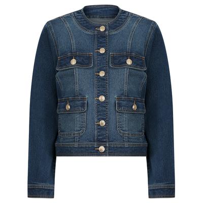 Coats / Jackets Calgary Women's Stretch Cotton Collarless Denim Jacket in Mid Blue - Amara Reya / 10 - Tokyo Laundry