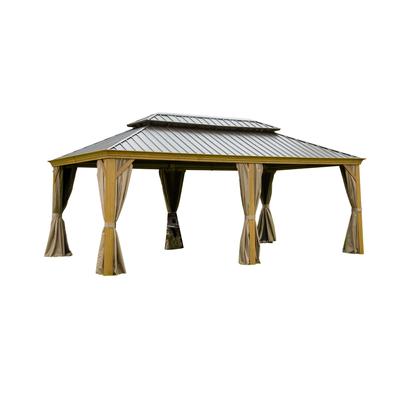 12'x20' Hardtop Gazebo Outdoor Aluminum Wood Grain Gazebos with Galvanized Steel Double Canopy,with Curtains & Netting