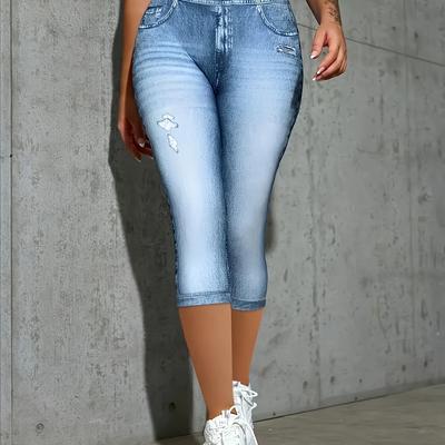 TEMU Denim Print High-waisted Plus Size Pants Image