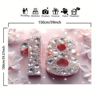 "TEMU 1pc 18th Birthday Backdrop Banner - Polyester With Crystal- "18" Design, Floral & Star Accents For Indoor/outdoor Celebrations, Live Streaming & Party Decor, Birthday Party Decorations" Image