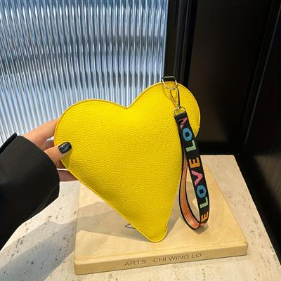 TEMU Fashion Heart-shaped Mini Clutch For Women - Candy-colored Coin Purse With Wristlet, Stylish Zipper Card Holder & Key Pouch, Perfect Valentine's Day Gift, Split Leather, Edge Painted, Do Not Wash Image
