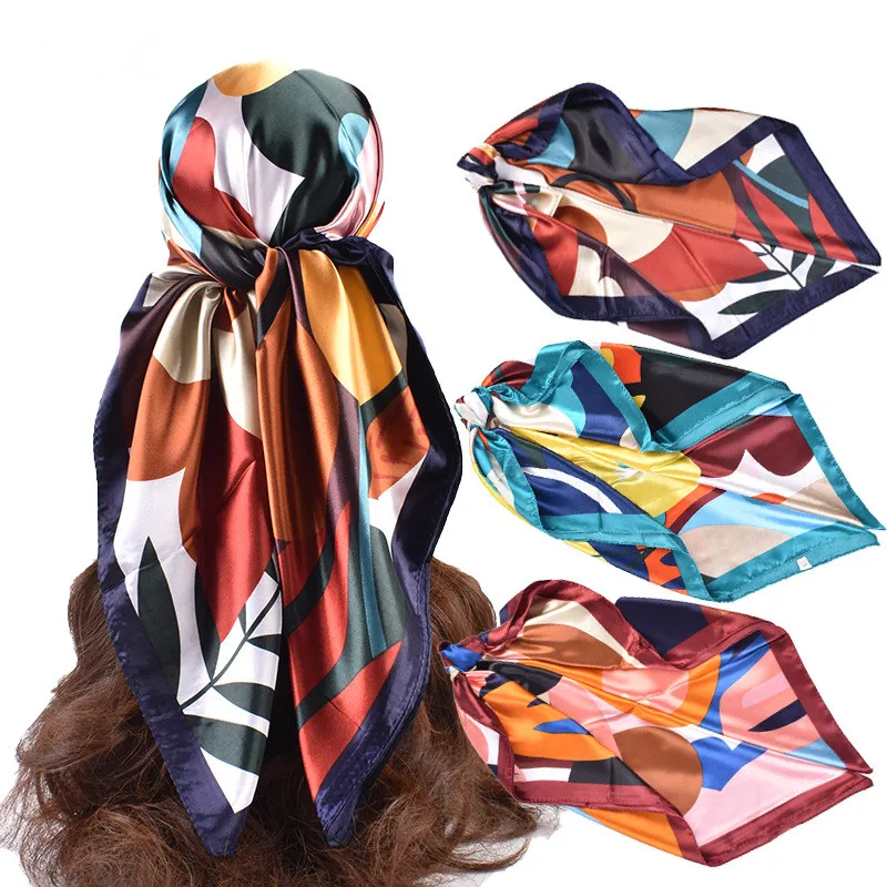 Luxus Mode Druck 90*90 cm Seide Quadrat Schal Frauen Weiche Satin Haarband Halstuch Krawatte Weibliche Stirnband Foulard Tasche band Image