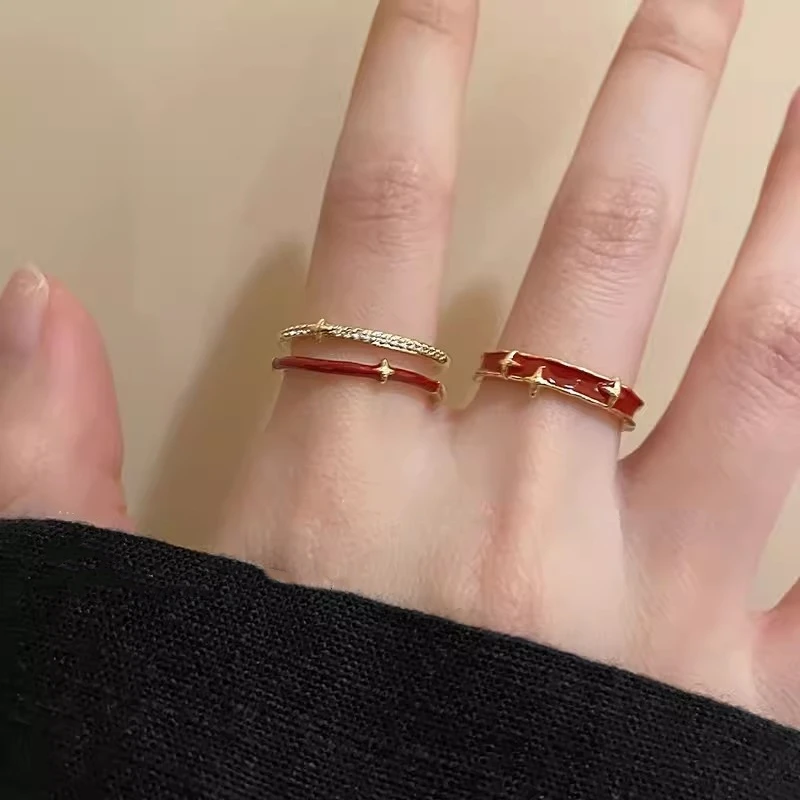 Neue Festliche Rote Tropfen Glasur Stern Ring für Frauen Nische Zeigefinger Ring Retro Offenen Ring Bankett Ästhetischen Schmuck Zubehör