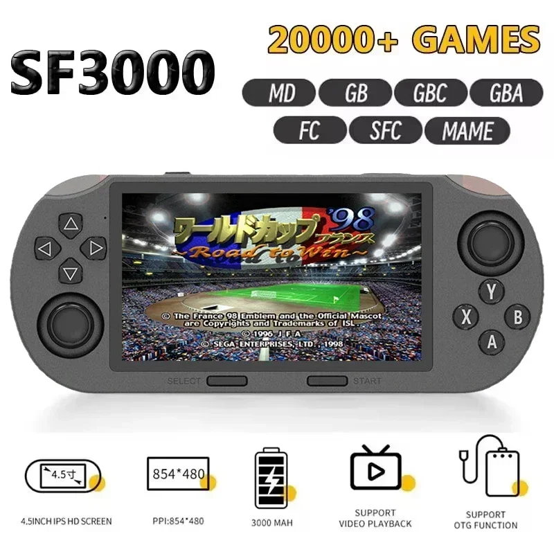 SF3000 Mini tragbarer Handheld-Game-Player, 4,5-Zoll-IPS-Bildschirm, Retro-Videospielkonsole, integrierte 20000+ Spiele für PS1/GBA/SFC Image
