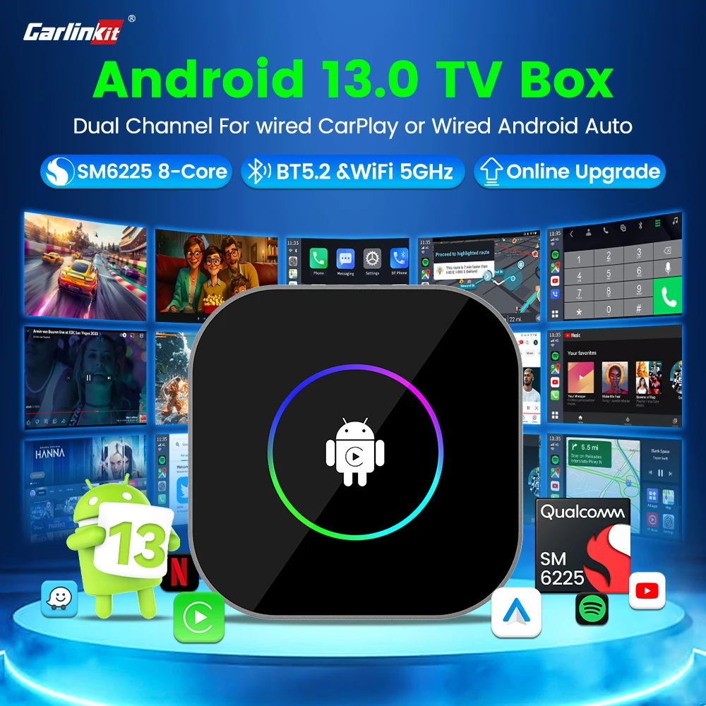CarlinKit R2 Smart-Auto-Navigationsbox, Android 13 TV-Box, unterstützt IPTV, Netflix, Videowiedergabe, geteilter Bildschirm, integriertes GPS, Google Play Store, kabelloser Android Auto- und Image