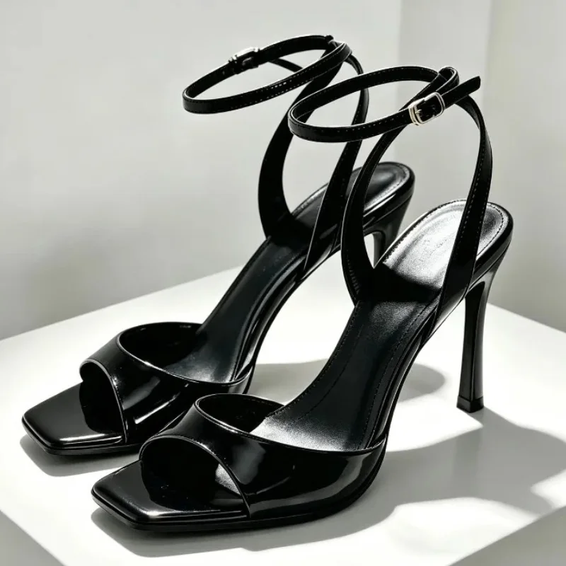 Black Patent Leather Ankle Strap Buckle Heeled Sandals Women Sexy Square Open Toe High Heels Summer Elegant Party Office Shoes