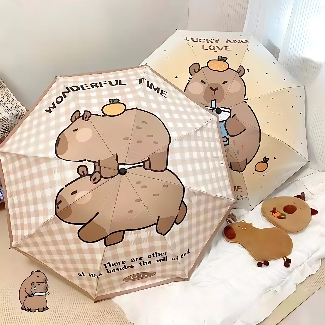 8-Knochen-Kapybara, automatischer Regen- und Sonnenschirm aus schwarzem Gummi mit doppeltem Verwendungszweck, tragbarer, zusammenklappbarer, verstärkter Studentenschirm Image