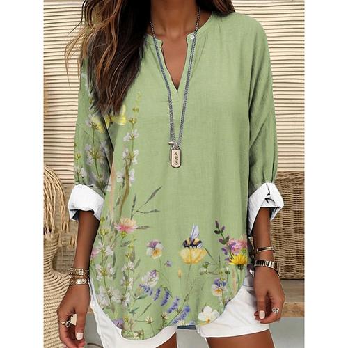 Women's Blouse Summer Tops Floral Graphic Vintage Tropical Hawaiian Long Sleeve V Neck Regular Tops Daily Holiday Beach Wear Print Navy Blue Blue Purple Green Beige Summer Spring
