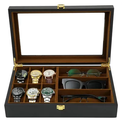 Watch Organizer Box,6 Watch 3 Slots Sunglasses Wooden Watch Organizer Box with Real Glass