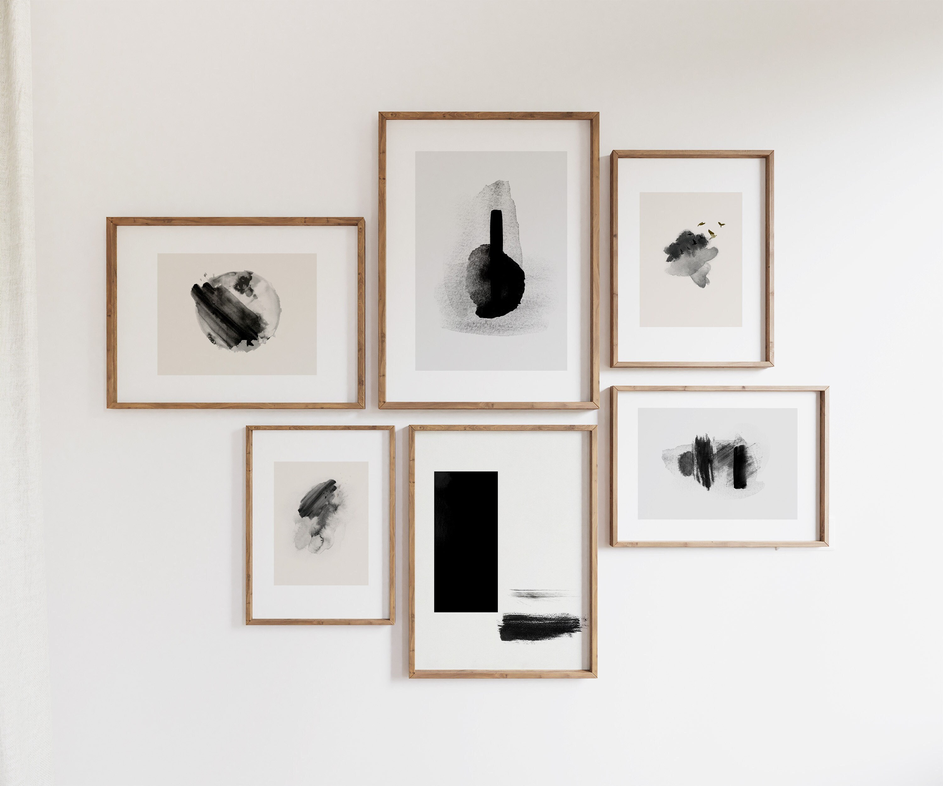 Set di 6 stampe artistiche astratte in bianco e nero, arte murale in bianco e nero, arte moderna monocromatica ad acquerello, parete della galleria de