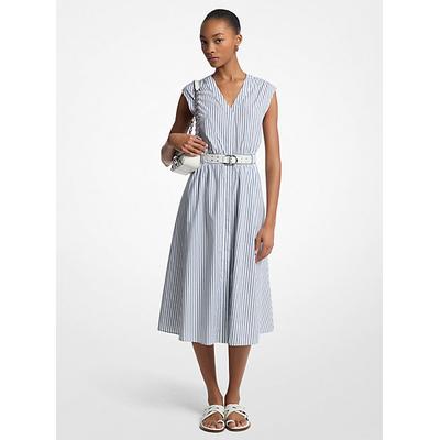 Michael Kors Striped Cotton Poplin Belted Midi Dress Blue XL
