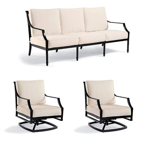 Grayson 3-pc. Sofa Set with Two Swivel Lounge Chairs in Black Aluminum - Sunbrella Rain, Rain Black - Frontgate