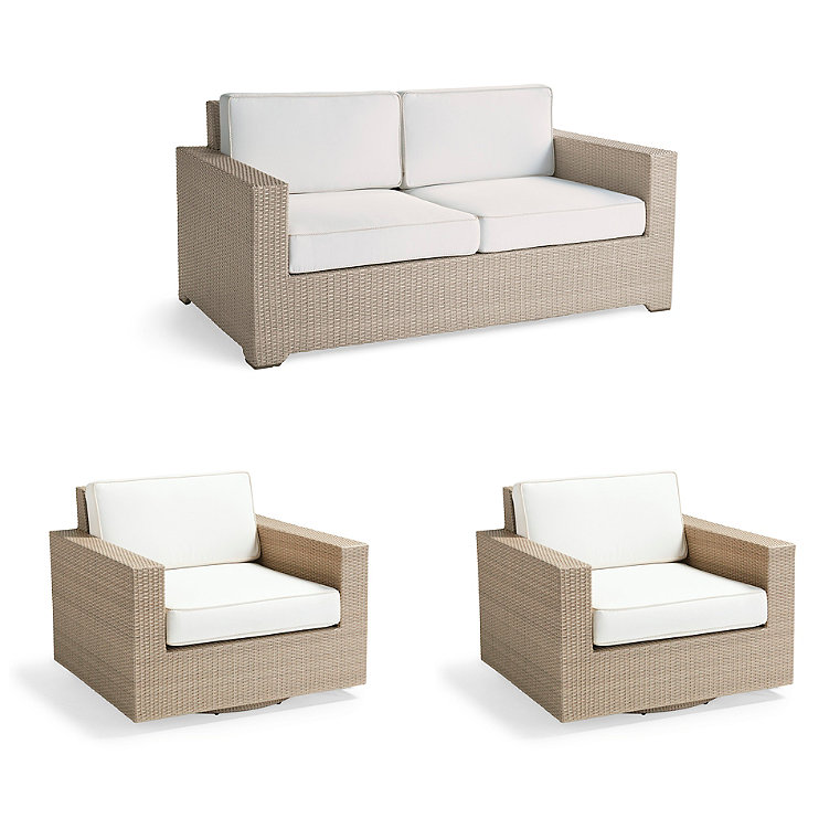 Palermo 3-pc. Loveseat Set with Two Swivel Lounge Chairs in Dove Wicker - Standard, Indigo with Canvas Piping - Frontgate