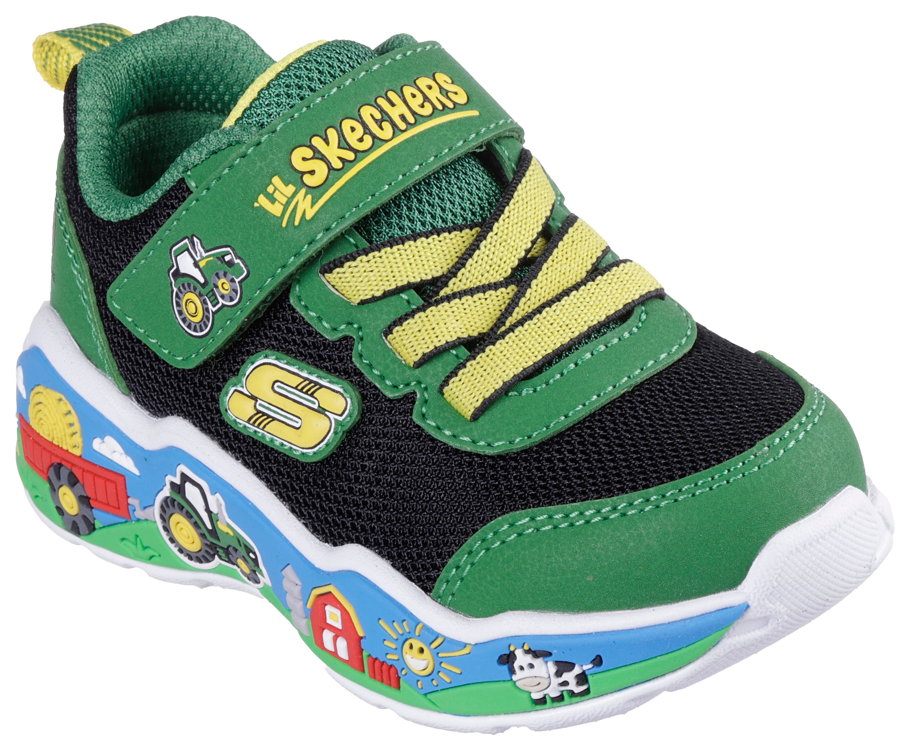 Sneaker SKECHERS "PLAY SCENE JOHN DEERE", Mädchen, Gr. 26, grün (grün, schwarz), Lederimitat, Textil, animal-print, kontrastfarbene Details, Schuhe Sneaker, Klettschuh im John Deere Design, Größenschablone zum Download