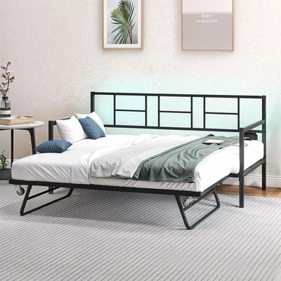 Twin Size Metal Daybed Frame Roll-Out Pop-Up Trundle Charging Station