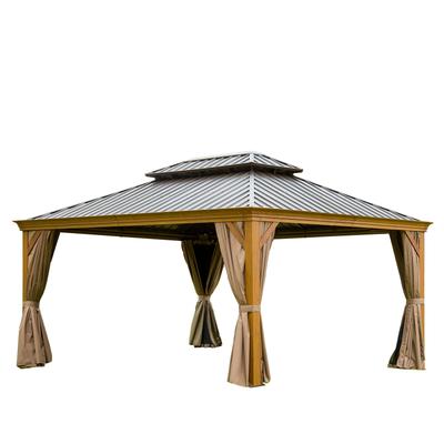 12'x16' Hardtop Gazebo Outdoor Aluminum Wood Grain Gazebos with Galvanized Steel Double Canopy