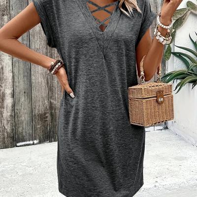 TEMU Women's Plus Size -neck Dress With Crisscross Front - Casual Short Sleeve, Stretch Fabric, Image
