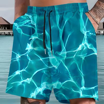 TEMU Men's Plus Size Quick-dry Swim Trunks With Vibrant Water Ripple Pattern - Elastic Waistband, Drawstring, Polyester, Casual Beach Shorts For Summer, Plus Size Image