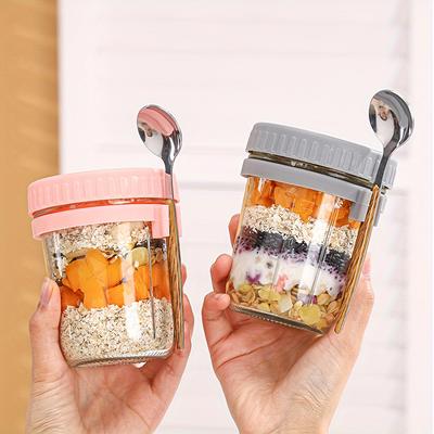 TEMU 2pcs 350ml/12.32oz Glass Cups,overnight Oats Cup With Spoon Breakfast Cup Portable Glass Salad Jar Yogurt Cup Image
