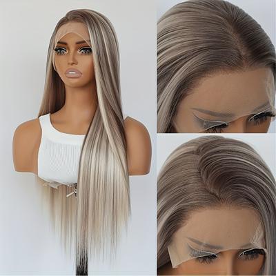 TEMU 13x4 Lace Front Wigs, 18/613, Human Hair, Straight Hair, 150% Density, , , Human Hair Highlight, Loose Body Wave, , For Women Image