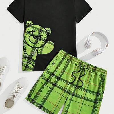 TEMU 2pcs Men's Bear Print Short-sleeved T-shirt And Shorts Pajama Set, Comfortable And Skin-friendly Men's Comfortable Loungewear Image