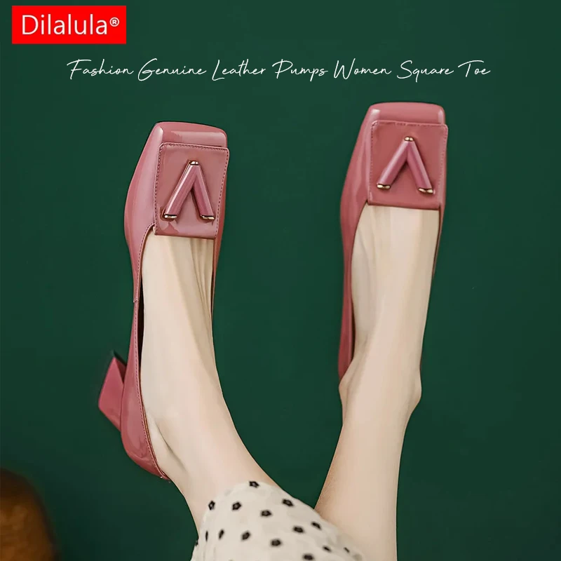 Dilalula 2025 Fashion Genuine Leather Pumps Women Square Toe V Dec High Thick Heels Office Ladies Dress Shoes Female Plus Size